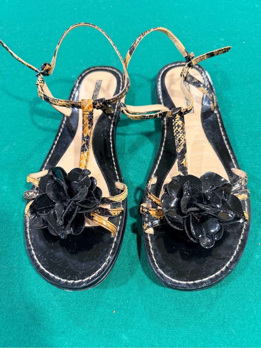 Via Spiga Black and Tan Floral T-Strap Snakeskin Sandals